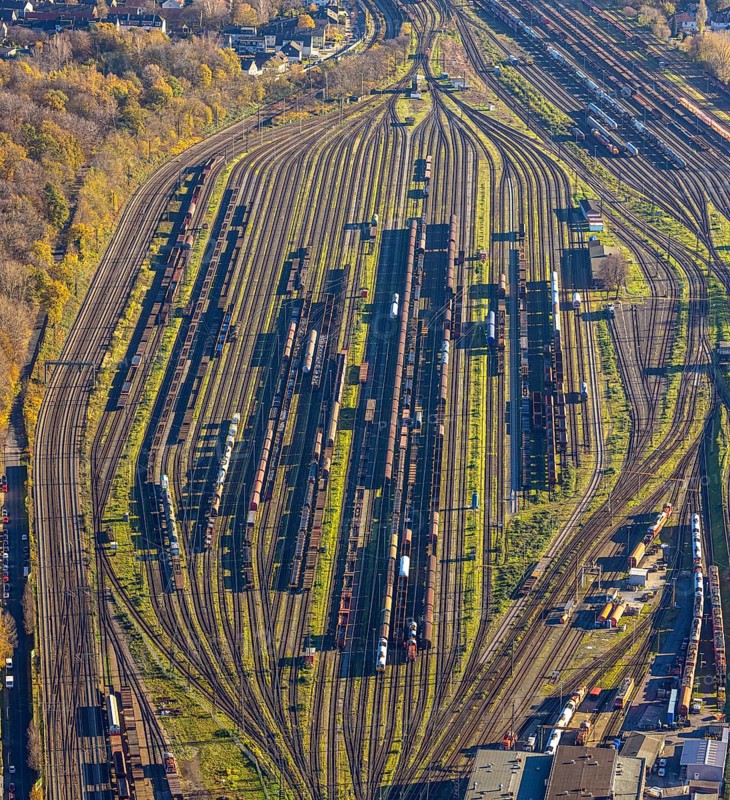 Aerial view, freight station Oberhausen-West, Vondern, Oberhausen, Ruhr area, North Rhine-Westphalia, Germany, railway tracks, railway station, DE, Deutsche Bahn AG, Europe, shapes and colours, freight transport, aerial view, aerial photography, aerial photography, overview, bird's-eye view, overview