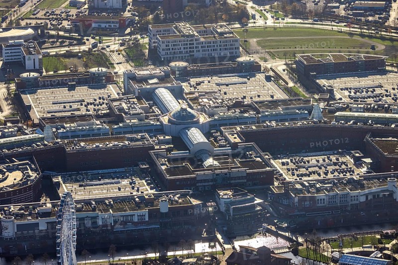 Aerial view, CentrO shopping centre, Borbeck, Oberhausen, Ruhr area, North Rhine-Westphalia, Germany, retirement home, DE, shopping centre, shopping mall, shopping markets, shopping centre, Europe, aerial view, aerial photography, aerial photography, shopping, shopping centre, overview, bird's-eye view, overview