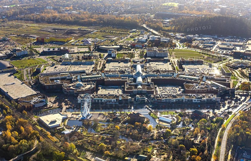 Aerial view, CentrO shopping centre, Borbeck, Oberhausen, Ruhr area, North Rhine-Westphalia, Germany, retirement home, DE, shopping centre, shopping mall, shopping markets, shopping centre, Europe, aerial view, aerial photography, aerial photography, shopping, shopping centre, overview, bird's-eye view, overview