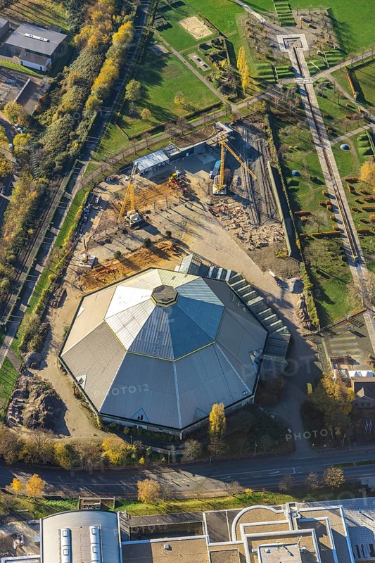 Aerial view, construction site renovation garden dome, Osterfeld, Oberhausen, Ruhr area, North Rhine-Westphalia, Germany, construction work, construction, construction area, construction site, building plots, construction crane, construction measure, construction project, construction site, DE, Europe, aerial view, aerial photography, aerial photography, renovation, renovation, overview, Vestische Straße, bird's eye view, landmark, birds-eyes view, former coal mixing plant of Osterfeld colliery, built for the state garden show, overview