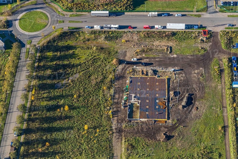 Aerial view, construction site Brammenring, Borbeck, Oberhausen, Ruhr area, North Rhine-Westphalia, Germany, construction work, construction area, construction site, building plots, construction project, construction site, DE, Europe, roundabout, aerial view, aerial photography, aerial photography, new construction, overview, bird's-eye view, overview