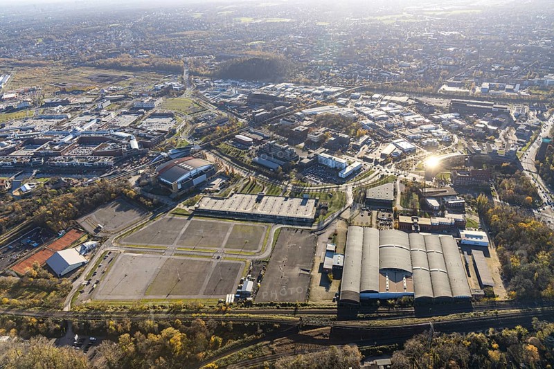 Aerial view, König-Pilsener-ARENA, LVR-Industriemuseum, Peter-Behrens-Bau, CentrO, Buschhausen, Oberhausen, Ruhr area, North Rhine-Westphalia, Germany, DE, Europe, Garden Dome, culture, art, aerial photography, aerial photography, aerial photography, car parks, renovation, refurbishment, overview, events, venue, event location, event centre, bird's eye view, bird's eye view, cultural use, overview, white tarpaulins