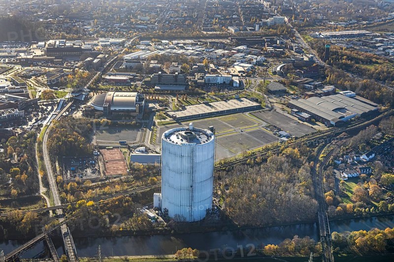 Aerial view, gasometer renovation measures, covered gasometer, König-Pilsener-ARENA, Buschhausen, Oberhausen, Ruhr area, North Rhine-Westphalia, Germany, construction work, construction area, construction site, construction measure, construction project, construction site, DE, Europe, garden dome, culture, art, aerial photograph, aerial photography, aerial photography, car parks, renovation, refurbishment, overview, events, venue, event location, event centre, bird's-eye view, birds-eyes view, cultural use, overview, white tarpaulins