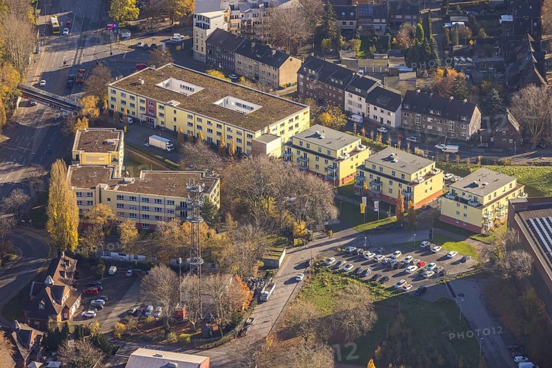 Aerial view, ASB senior citizens' centre, new building, Bermensfeld, Oberhausen, Ruhr area, North Rhine-Westphalia, Germany, ASB project, retirement home, old people's home, Annemarie-Renger-Weg, care and nursing, DE, Europe, aerial view, aerial photography, aerial photography, care facility, retirement home, retirement residence, retirement home, senior citizens' centre, service residential complex, service living, overview, bird's-eye view, overview