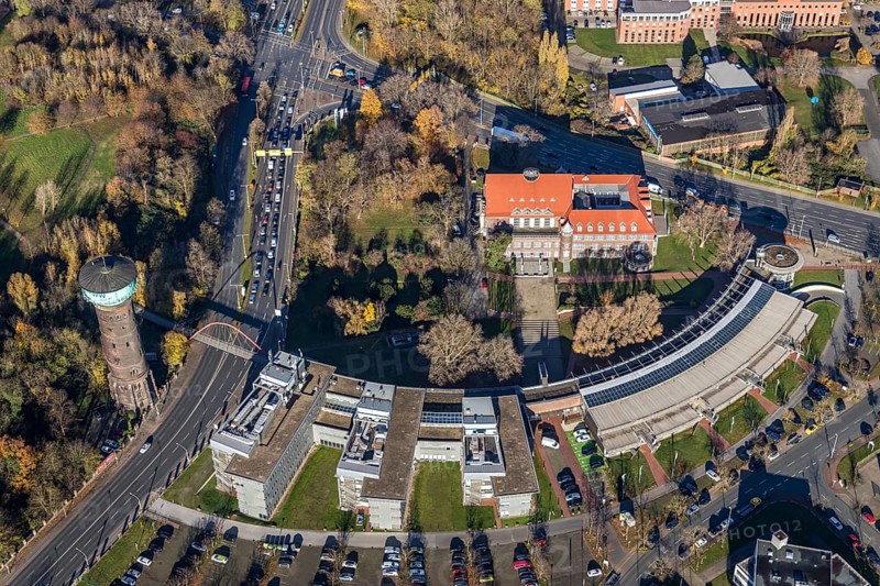 Aerial view, TZU Technology Centre for Environmental Protection Management, RWW Water Tower, Marienviertel Ost, Oberhausen, Ruhr area, North Rhine-Westphalia, Germany, DE, Essener Straße, Europe, aerial view, aerial photography, aerial photography, technology centre, tower, overview, bird's-eye view, historical sight, overview