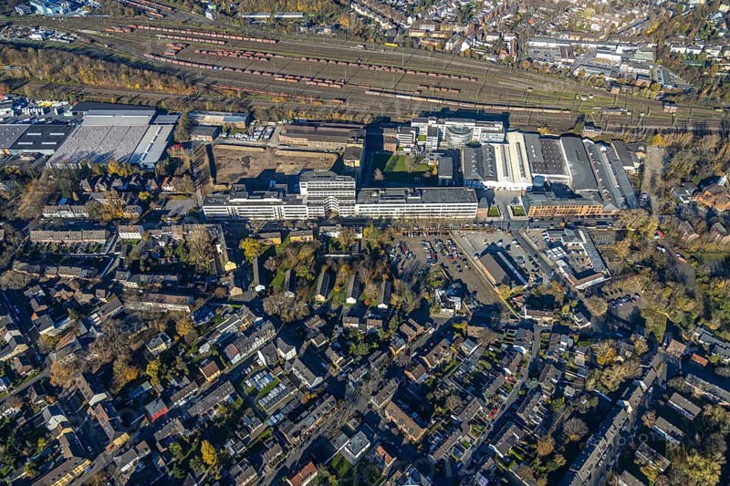 Aerial view, Quartier231 BusinessPark, Lirich, Oberhausen, Ruhr area, North Rhine-Westphalia, Germany, DE, Duisburger Straße, Europe, business centre, commercial enterprises, commercial area, business park, commercial location, commercial use, freight yard, aerial view, aerial photography, aerial photography, overview, bird's eye view, bird's eye view, former Babcock site, overview