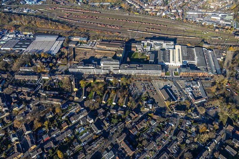 Aerial view, Quartier231 BusinessPark, Lirich, Oberhausen, Ruhr area, North Rhine-Westphalia, Germany, DE, Duisburger Straße, Europe, business centre, commercial enterprises, commercial area, business park, commercial location, commercial use, freight yard, aerial view, aerial photography, aerial photography, overview, bird's eye view, bird's eye view, former Babcock site, overview