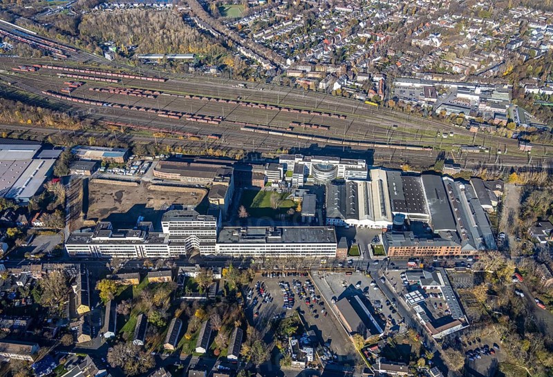 Aerial view, Quartier231 BusinessPark, Lirich, Oberhausen, Ruhr area, North Rhine-Westphalia, Germany, DE, Duisburger Straße, Europe, business centre, commercial enterprises, commercial area, business park, commercial location, commercial use, freight yard, aerial view, aerial photography, aerial photography, overview, bird's eye view, bird's eye view, former Babcock site, overview