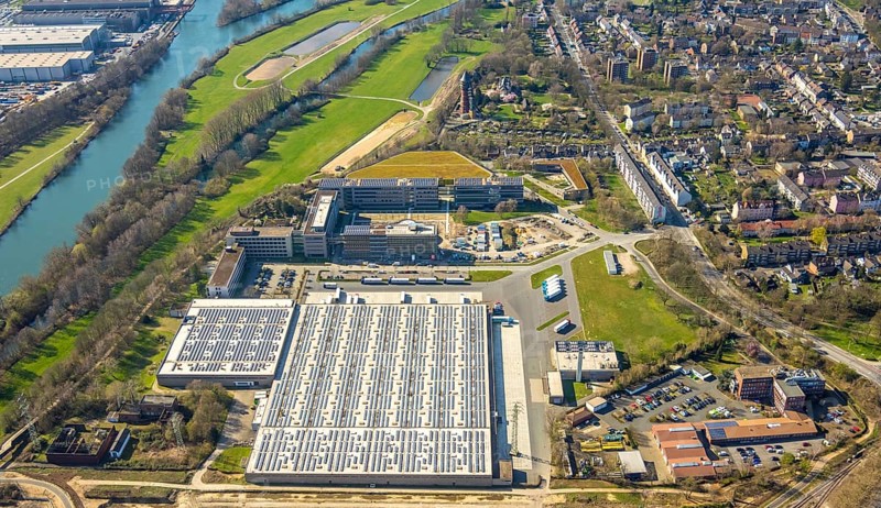 Aerial photograph, ALDI SOUTH Group, expansion stages, new building, Styrum, Mülheim an der Ruhr, Ruhr area, North Rhine-Westphalia, Germany, Mülheim, an, der, Ruhr, DE, Europe, birds-eyes, view, aerial photograph, aerial photography, aerial photography, overview, overview, bird's eye view, industry, trade, economy, commercial enterprise, production, trade