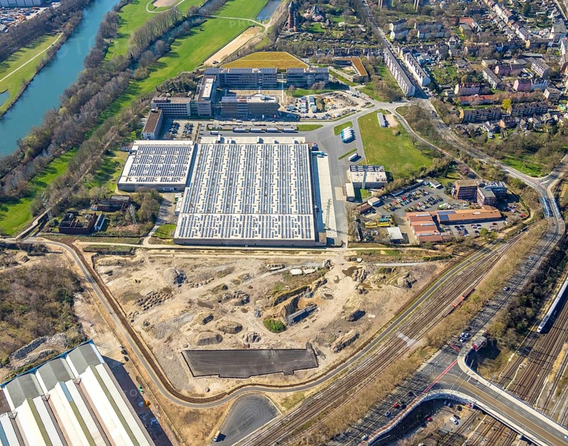 Aerial photograph, ALDI SOUTH Group, expansion stages, new building, Styrum, Mülheim an der Ruhr, Ruhr area, North Rhine-Westphalia, Germany, Mülheim, an, der, Ruhr, DE, Europe, birds-eyes, view, aerial photograph, aerial photography, aerial photography, overview, overview, bird's eye view, industry, trade, economy, commercial enterprise, production, trade