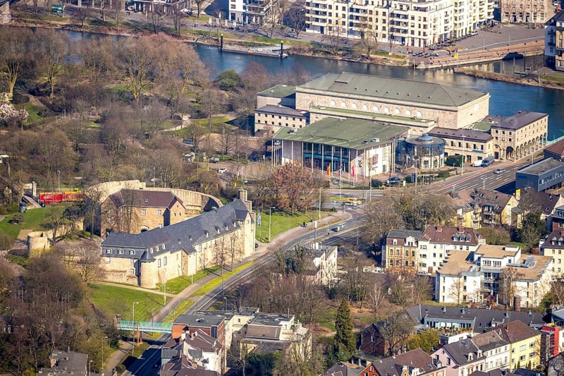Aerial photo, castle Broich, town hall Mülheim, left Ruhr, Mülheim an der Ruhr, Ruhr area, North Rhine-Westphalia, Germany, Mülheim, an, der, Ruhr, DE, Europe, birds-eyes, view, aerial photography, aerial photography, overview, overview, bird's eye view, sight, historical, building, events, culture, music, theatre, show
