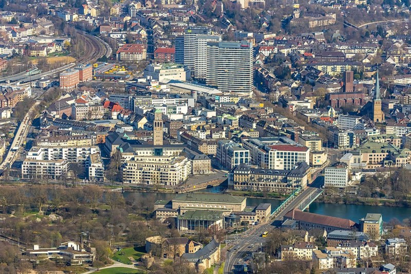 Aerial view, Ruhrbania in the city centre of Mülheim, Ruhr, Ruhr valley, town hall, Ruhrbaniabaufelder, Altstadt I, Mülheim an der Ruhr, Ruhr area, North Rhine-Westphalia, Germany, Mülheim, an, der, DE, Europe, birds-eyes, view, aerial photograph, aerial photography, aerial photography, overview, overview, bird's eye view, Ruhrbania, urban development, urban planning, river, restructuring, change