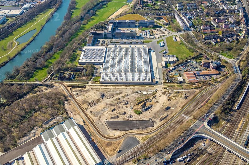 Aerial photograph, ALDI SOUTH Group, expansion stages, new building, Styrum, Mülheim an der Ruhr, Ruhr area, North Rhine-Westphalia, Germany, Mülheim, an, der, Ruhr, DE, Europe, birds-eyes, view, aerial photograph, aerial photography, aerial photography, overview, overview, bird's eye view, industry, trade, economy, commercial enterprise, production, trade