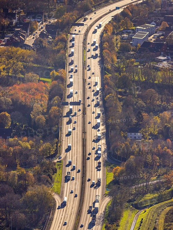 Aerial view, motorway A3, junction Oberhausen-Holten, Buschhausen, Oberhausen, Ruhr area, North Rhine-Westphalia, Germany, motorway junction, DE, Europe, backlight, aerial view, aerial photography, aerial photography, passenger traffic, road traffic, overview, traffic, traffic volume, bird's eye view, birds-eyes view, overview