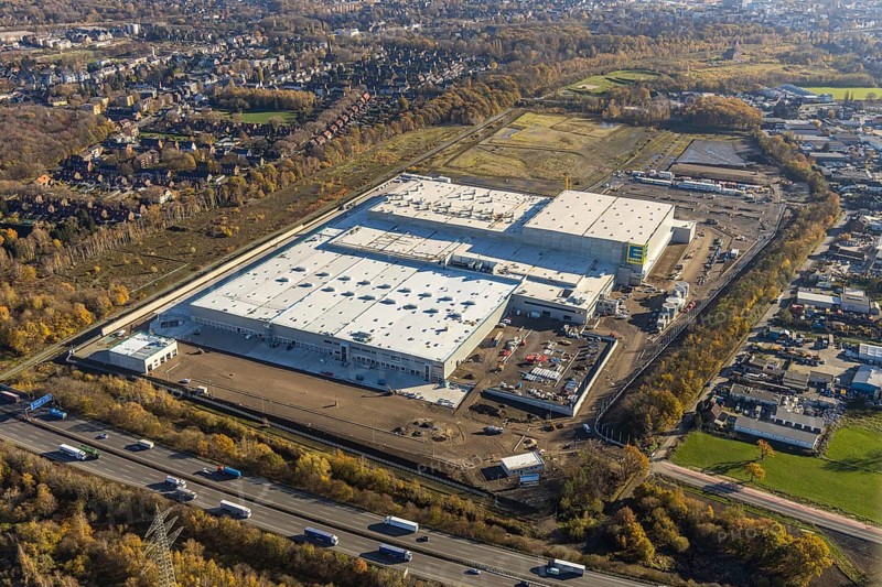 Aerial view, Edeka central warehouse logistics centre, Waldteich, Schwarrze Heide, Oberhausen, Ruhr area, North Rhine-Westphalia, Germany, A3 motorway, DE, Edeka Rhein-Ruhr, Europe, freight transport, logistics, logistics service, logistics service provider, logistics provider, logistics centre, aerial view, aerial photography, aerial photography, aerial photography, freight forwarding, transport, transport service, overview, bird's-eye view, Waldteichstraße, birds-eyes view, overview