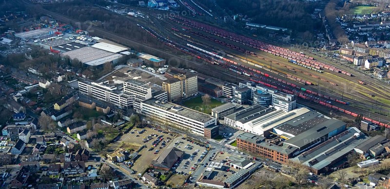 Aerial view, Quartier231 Businesspark, freight yard Oberhausen West, Oberhausen, Ruhr area, North Rhine-Westphalia, Germany, railway area, railway tracks, business, office building, DE, Deutsche Bahn AG, Europe, commercial enterprises, commercial area, commercial park, commercial use, industrial site, aerial photograph, aerial photography, aerial photography, marshalling yard, revitalisation, overview, bird's eye view, birds-eyes view, overview