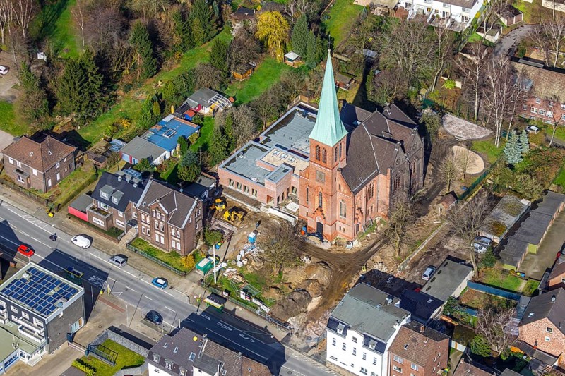 Aerial view, Evang. Auferstehungskirche, construction site, new community centre, Osterfeld, Oberhausen, Ruhr area, North Rhine-Westphalia, Germany, construction work, construction area, building site, building plots, construction measure, construction project, construction site, DE, development, Europe, community centre, religious community, place of worship, capacity requirement, Kapellenstraße, church, church community, denomination, aerial view, aerial photography, aerial photography, new building, religion, overview, Vestische Straße, bird's eye view, birds-eyes view, overview