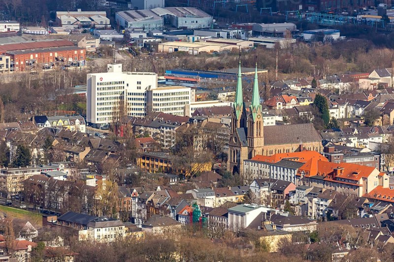 Aerial view, Catholic parish church St. Marien, employment agency and job centre Oberhausen, Oberhausen, Ruhr area, North Rhine-Westphalia, Germany, authority, DE, Europe, religious community, place of worship, church, parish, denomination, aerial photograph, aerial photography, aerial photography, Mülheimer Straße, religion, overview, bird's-eye view, overview
