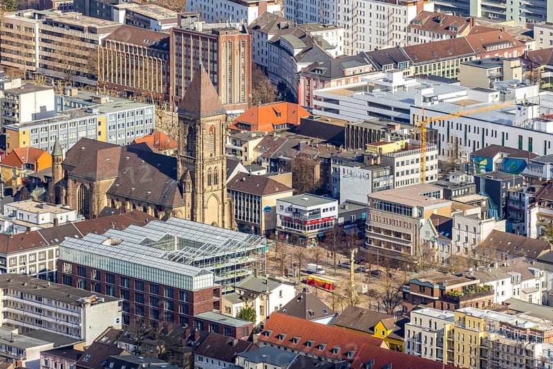 Aerial view, Altmarkt, Job Centre with rooftop greenhouse, Catholic Church at Altmarkt, Victory Column, Oberhausen, Ruhr area, North Rhine-Westphalia, Germany, employment office, authority, DE, monument, Europe, war memorial, aerial view, aerial photography, aerial photography, market place, sight, Victory Column Oberhausen, overview, bird's-eye view, historical, overview