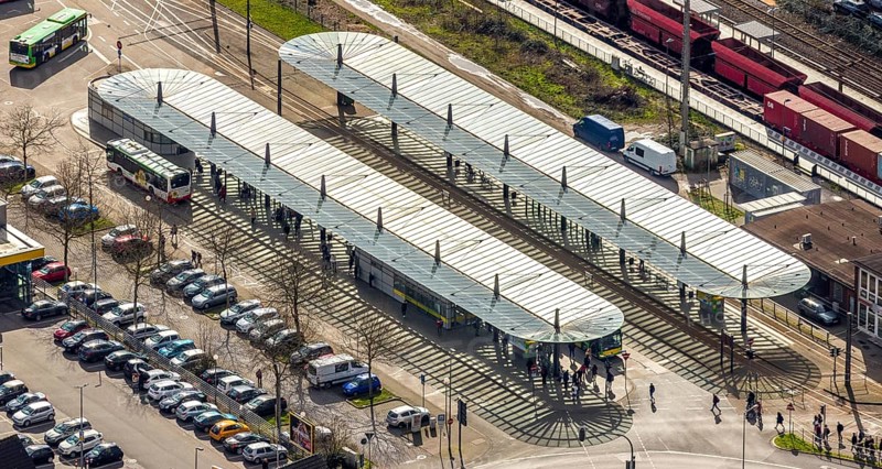 Aerial view, Oberhausen-Sterkrade railway station, public transport, bus stop, bus stop canopy, Sterkrade, Oberhausen, Ruhr area, North Rhine-Westphalia, Germany, bus station, bus stop canopy, DE, Europe, aerial view, aerial photography, aerial photography, car parks, overview, bird's-eye view, overview