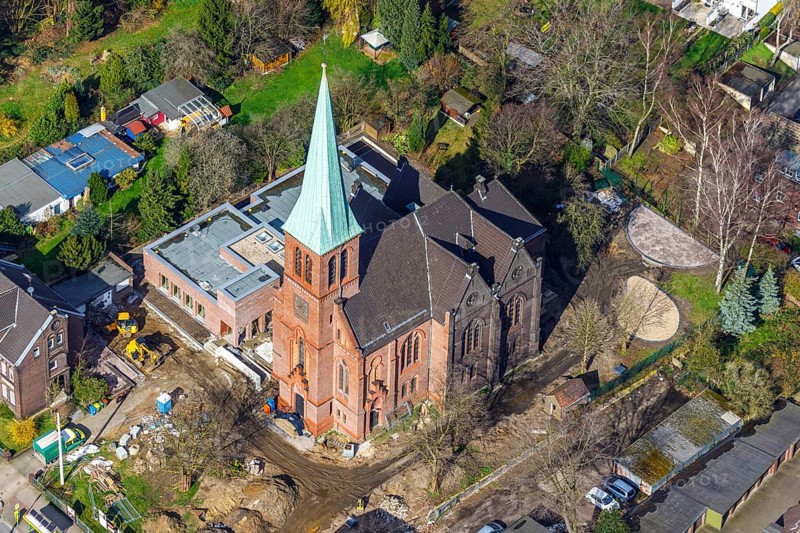 Aerial view, Evang. Auferstehungskirche, construction site, new community centre, Osterfeld, Oberhausen, Ruhr area, North Rhine-Westphalia, Germany, construction work, construction area, building site, building plots, construction project, construction site, DE, development, Europe, community centre, faith community, house of God, capacity requirement, Kapellenstraße, church, church community, denomination, aerial view, aerial photography, aerial photography, new building, parish office, religion, overview, Vestische Straße, bird's-eye view, birds-eyes view, overview