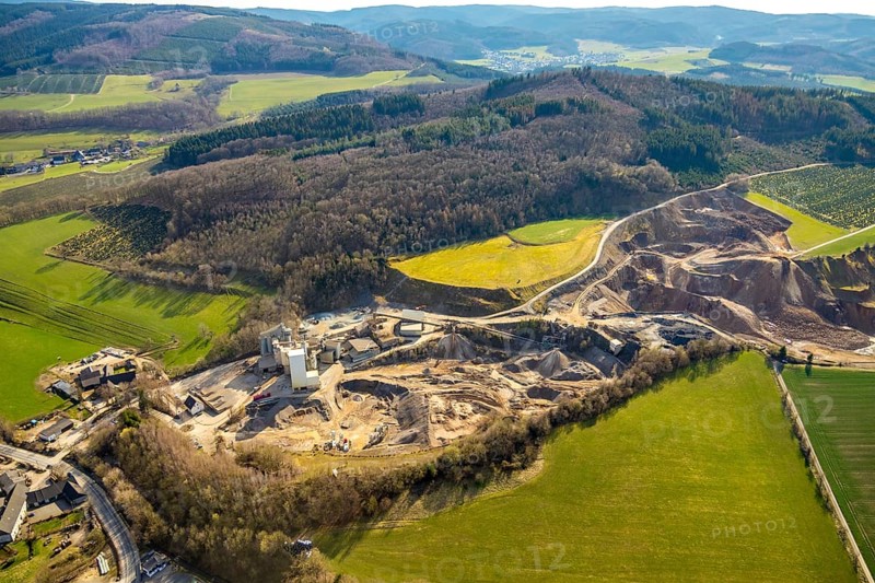 Aerial photo, AMA Westefeld, Deutsche Asphalt GmbH, quarry, Westenfeld, Sundern, Sauerland, North Rhine-Westphalia, Germany, DE, Europe, aerial photo, aerial photography, aerial photography, overview, bird's-eye view, birds-eyes, view, overview, asphalt construction material, road construction, road construction materials