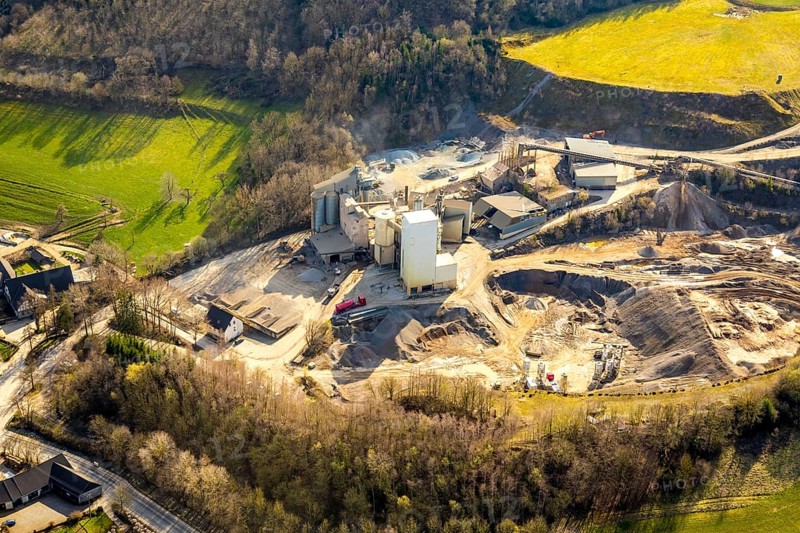 Aerial photo, AMA Westefeld, Deutsche Asphalt GmbH, quarry, Westenfeld, Sundern, Sauerland, North Rhine-Westphalia, Germany, DE, Europe, aerial photo, aerial photography, aerial photography, overview, bird's-eye view, birds-eyes, view, overview, asphalt construction material, road construction, road construction materials