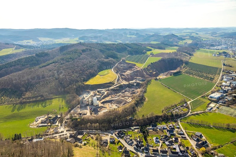 Aerial photo, AMA Westefeld, Deutsche Asphalt GmbH, quarry, Westenfeld, Sundern, Sauerland, North Rhine-Westphalia, Germany, DE, Europe, aerial photo, aerial photography, aerial photography, overview, bird's-eye view, birds-eyes, view, overview, asphalt construction material, road construction, road construction materials