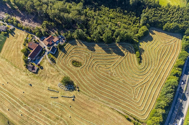Aerial view, Agricultural area, Farm Auf der Niedergethe, Hiddinghauser Straße, Niedersprockhövel, Sprockhövel, Ruhr area, North Rhine-Westphalia, Germany, Farm, DE, Ennepe-Ruhr-Kreis, Europe, Shapes and colours, Agriculture, Agricultural fields, Agricultural business, Farming business, Aerial view, Aerial photography, Aerial photography, Overview, Bird's-eye view, Meadows and fields, birds-eyes view, overview, Harvest, Mowing, Hay harvest, Silage, Plastic silage