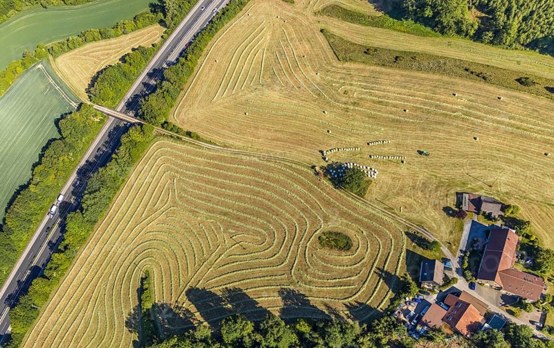Aerial view, Agricultural area, Farm Auf der Niedergethe, Hiddinghauser Straße, Niedersprockhövel, Sprockhövel, Ruhr area, North Rhine-Westphalia, Germany, Farm, DE, Ennepe-Ruhr-Kreis, Europe, Shapes and colours, Agriculture, Agricultural fields, Agricultural business, Farming business, Aerial view, Aerial photography, Aerial photography, Overview, Bird's-eye view, Meadows and fields, birds-eyes view, overview, Harvest, Mowing, Hay harvest, Silage, Plastic silage