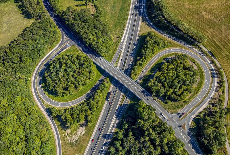 Aerial view, motorway A43, motorway junction Sprockhövel, Hiddinghausen, Sprockhövel, Ruhr area, North Rhine-Westphalia, Germany, motorway, federal road B234, DE, Ennepe-Ruhr-Kreis, Europe, shapes and colours, green trees, aerial view, aerial photography, aerial photography, overview, bird's-eye view, overview