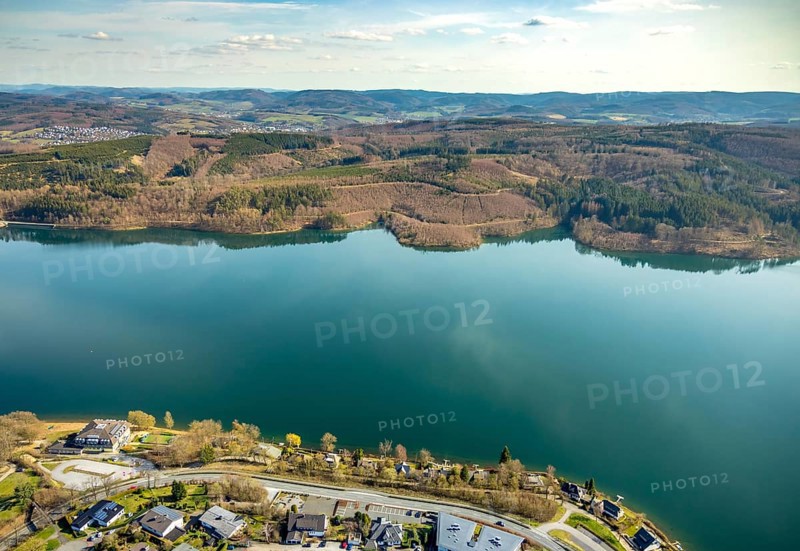 Aerial photo, DJH Youth Hostel Sorpesee, Langscheid, Sundern, Sauerland, North Rhine-Westphalia, Germany, DE, Europe, aerial photo, aerial photography, aerial photography, overview, bird's-eye view, birds-eyes, view, overview, drinking water, water supply, leisure, recreation, nature, reservoir, dam, water, swimming, boats, shipping, ships, recreation, youth hostel, accommodation, holidays, holiday, hostel, hostel