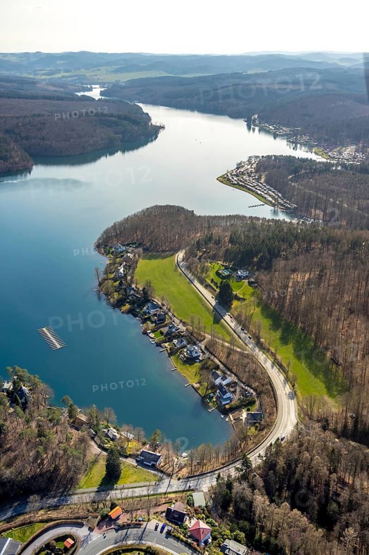 Aerial view, Sorpesee, Sorpe shore, camping at Sorpesee, campsite, Langscheid, Sundern, Sauerland, North Rhine-Westphalia, Germany, DE, Europe, aerial view, aerial photography, aerial photography, overview, bird's-eye view, birds-eyes, view, overview, drinking water, water supply, leisure, recreation, nature, reservoir, dam, water, swimming, boats, shipping, ships, recreation, overnight stay, camping, holidays, holiday, motorhome site