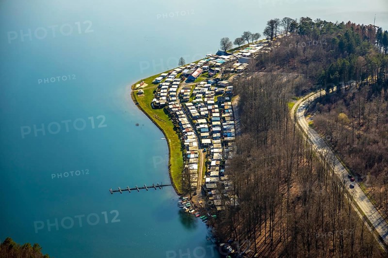 Aerial view, Sorpesee, Sorpe shore, camping at Sorpesee, campsite, Langscheid, Sundern, Sauerland, North Rhine-Westphalia, Germany, DE, Europe, aerial view, aerial photography, aerial photography, overview, bird's-eye view, birds-eyes, view, overview, drinking water, water supply, leisure, recreation, nature, reservoir, dam, water, swimming, boats, shipping, ships, recreation, overnight stay, camping, holidays, holiday, motorhome site
