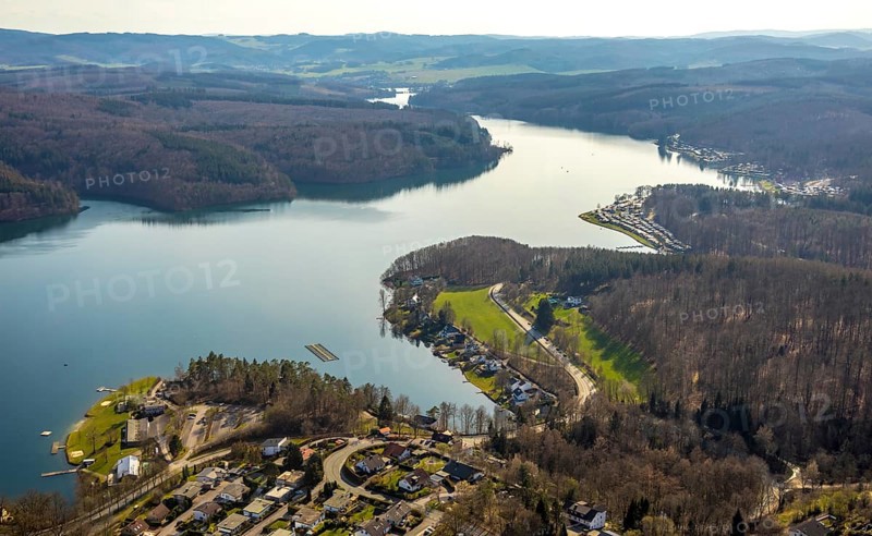 Aerial view, Sorpesee, Sorpe shore, camping at Sorpesee, campsite, Langscheid, Sundern, Sauerland, North Rhine-Westphalia, Germany, DE, Europe, aerial view, aerial photography, aerial photography, overview, bird's-eye view, birds-eyes, view, overview, drinking water, water supply, leisure, recreation, nature, reservoir, dam, water, swimming, boats, shipping, ships, recreation, overnight stay, camping, holidays, holiday, motorhome site