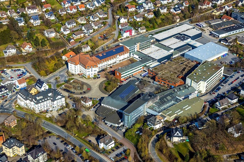 Aerial view, city administration, town hall, town hall square, Sundern, Sauerland, North Rhine-Westphalia, Germany, DE, Europe, aerial view, aerial photography, aerial photography, overview, bird's-eye view, view, overview, citizen's office, citizens' office, identity card, passport, driving licence, registry office, residents' registration office