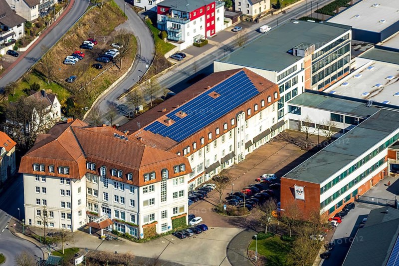 Aerial view, city administration, town hall, town hall square, Sundern, Sauerland, North Rhine-Westphalia, Germany, DE, Europe, aerial view, aerial photography, aerial photography, overview, bird's-eye view, view, overview, citizen's office, citizens' office, identity card, passport, driving licence, registry office, residents' registration office