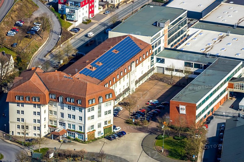Aerial view, city administration, town hall, town hall square, Sundern, Sauerland, North Rhine-Westphalia, Germany, DE, Europe, aerial view, aerial photography, aerial photography, overview, bird's-eye view, view, overview, citizen's office, citizens' office, identity card, passport, driving licence, registry office, residents' registration office