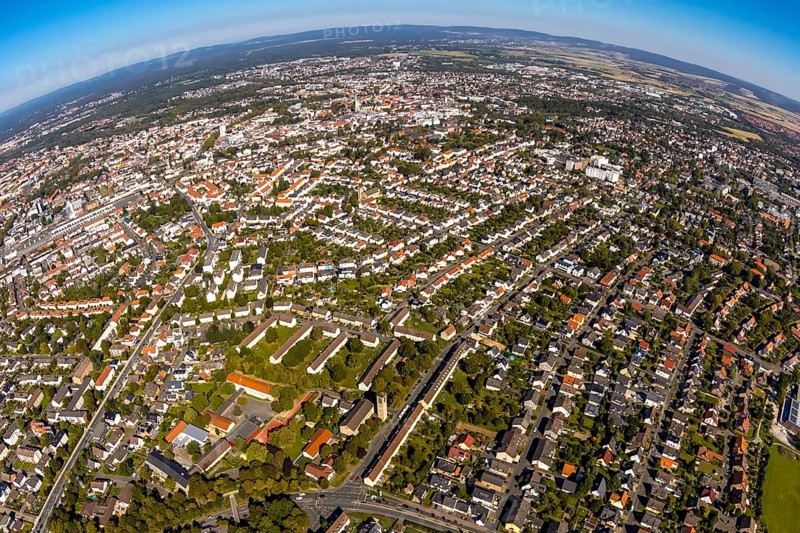 Aerial photograph, local view with fisheye lens, Paderborn, Ostwestfalen-Lippe, OWL, North Rhine-Westphalia, Germany, DE, Europe, fisheye lens, property tax, real estate, aerial photograph, aerial photography, aerial photography, OWL book, OWL book, Ostwestfalen, super wide-angle lens, overview, bird's eye view, residential area, living and living, residential area, residential buildings, residential quality, residential neighbourhood, housing estate, birds-eyes view, fisheye lens, overview