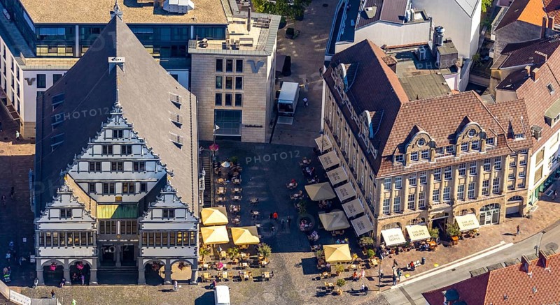 Aerial view, town hall, town hall square, Paderborn, East Westphalia-Lippe, OWL, North Rhine-Westphalia, Germany, distance rule, outdoor catering, authority, Cafe Celona, Corona crisis, Corona measures, Corona virus, DE, Europe, gastronomy, aerial view, aerial photography, aerial photography, OWL book, OWL book, East Westphalia, parasols, city administration, overview, bird's eye view, Weser Renaissance, birds-eyes view, overview