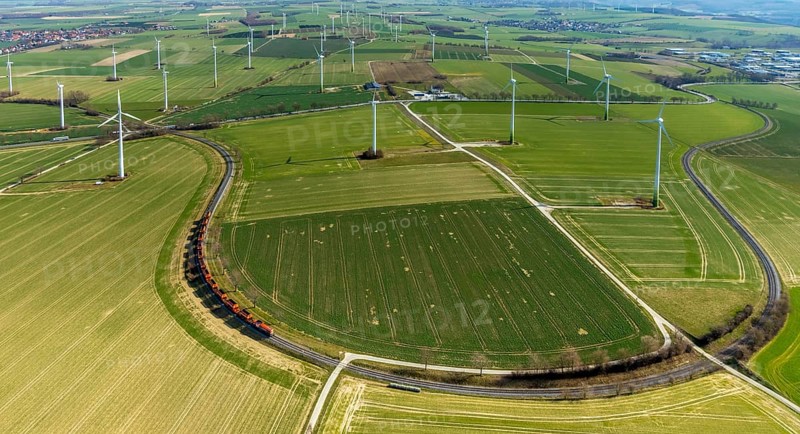Aerial view, wind turbines on the B55 federal road, train on railway line, Warstein, North Rhine-Westphalia, Germany
