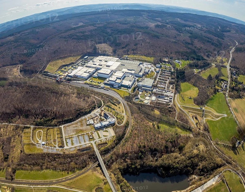 Aerial view, Warsteiner Brewery, Warsteiner Welt guest house, Warsteiner Welt visitor centre, Warstein, North Rhine-Westphalia, Germany