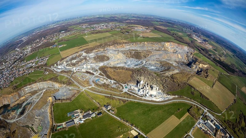 Aerial view, quarries in Warstein, fisheye, fisheye image, Warstein, North Rhine-Westphalia, Germany