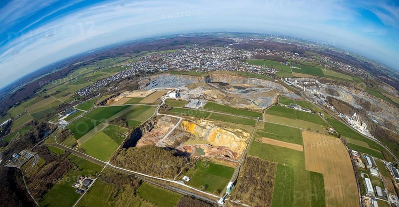 Aerial view, quarries in Warstein, fisheye, fisheye image, Warstein, North Rhine-Westphalia, Germany