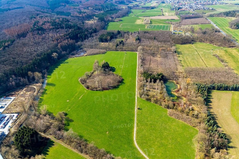 Aerial view, wooded area near Belecke-West industrial estate, Warstein, North Rhine-Westphalia, Germany