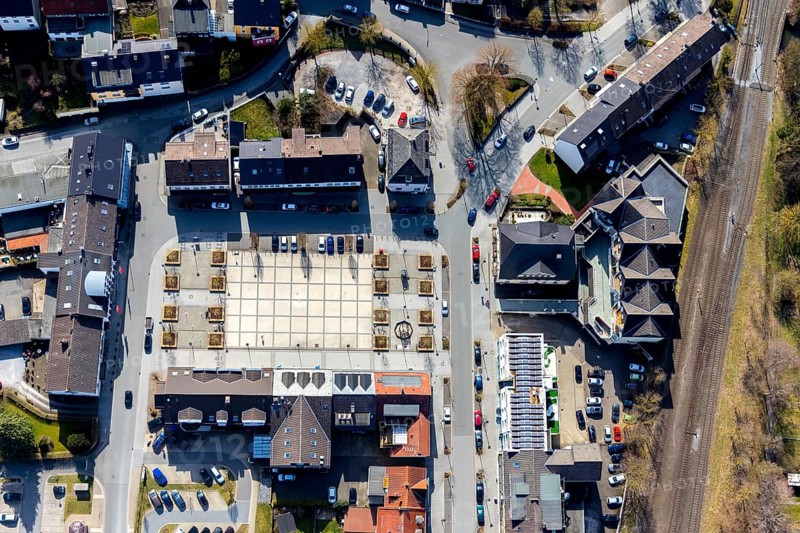 Aerial view, Wilkeplatz, shopping centre, Belecke district, Warstein, North Rhine-Westphalia, Germany