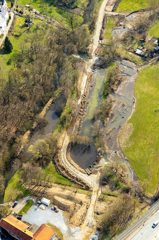 Aerial view, Wappenbaum memorial park, river Wester, flood, Warstein, North Rhine-Westphalia, Germany