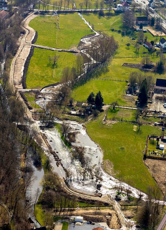 Aerial view, Wappenbaum memorial park, river Wester, flood, Warstein, North Rhine-Westphalia, Germany
