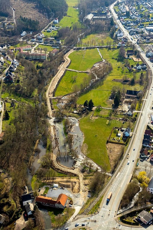 Aerial view, Wappenbaum memorial park, Stütings Mühle, River Wester, flood, Warstein, North Rhine-Westphalia, Germany