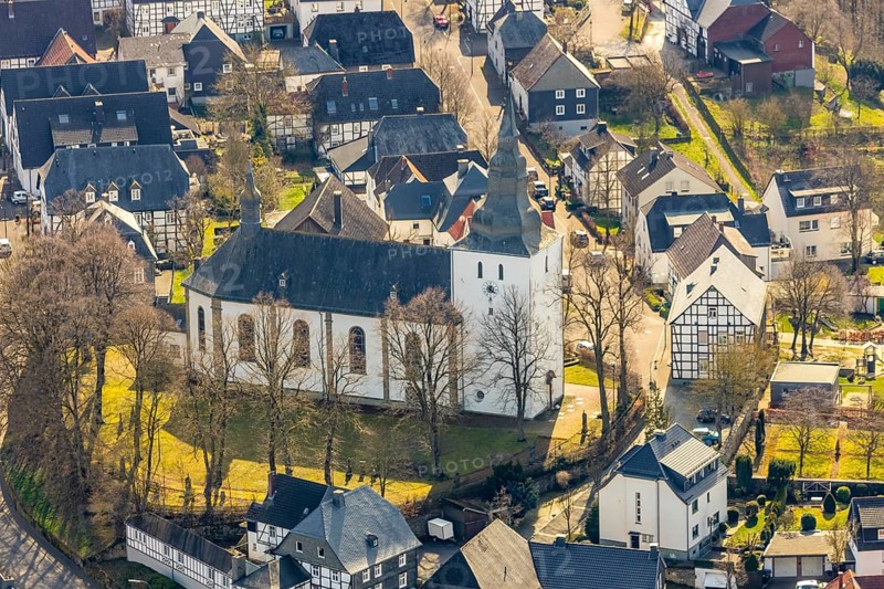 Aerial view, Old Church of St Pankratius, Belecke district, Warstein, North Rhine-Westphalia, Germany